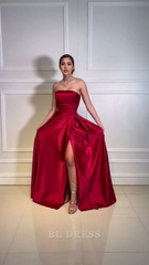 A Line Strapless Burgundy Slit formal dresses Bridesmaid Dresses evening gown Prom Dress