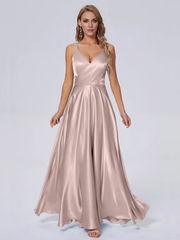 Elegant shoulder strap soft satin and floor length bridesmaid dress