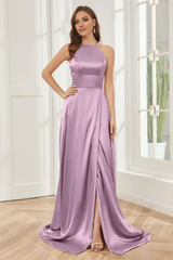 Column neck hanging soft satin and floor length bridesmaid dress