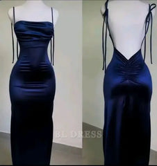 Sheath Spaghetti Straps Navy Blue Satin formal dresses Bridesmaid Dresses evening gown Prom Dress