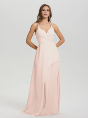 Shoulder strap V-neck backless long chiffon formal and floor length Bridesmaid dresses