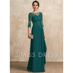 Jimiss A-shaped Scoop Illusion floor mopping chiffon lace ribbon bead sequins layered ruffles mother of the bride dress