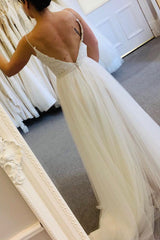 Long A-line Spaghetti Strap Ivory Wedding Dress with Lace
