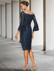 Two Piece  Mother of the Bride Dress Formal Wedding Guest Party Elegant Off Shoulder Knee Length Chiffon Lace Imitated Silk Sleeve with Bow(s)