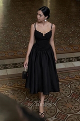 A Line Spaghetti Straps Sleeveless Black Satin formal dresses Bridesmaid Dresses evening gown Prom Dress