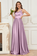 Thin shoulder strap V-neck soft satin and floor length bridesmaid dress