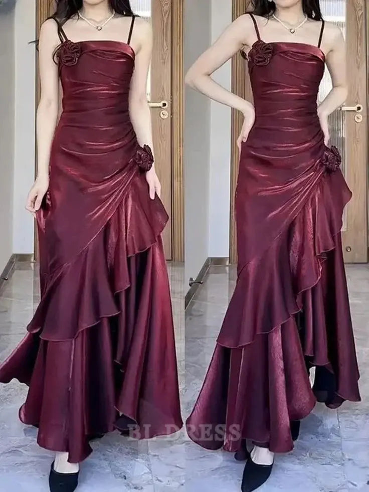 A-line Spaghetti Straps Wine Red Satin formal dresses Bridesmaid Dresses evening gown Prom Dress