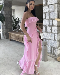 Sheath Strapless Ruffle Pretty Pink formal dresses Bridesmaid Dresses evening gown Prom Dress With Split
