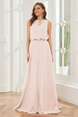 Pillar style wind neck sleeveless chiffon and floor length bridesmaid dress