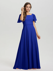 A-line square collar ruffled short sleeved and ground chiffon/ground length bridesmaid dress