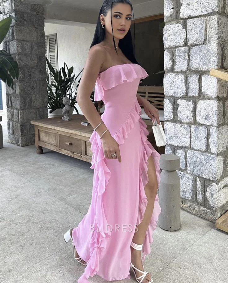 Sheath Strapless Ruffle Pretty Pink formal dresses Bridesmaid Dresses evening gown Prom Dress With Split