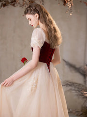 A-Line Tulle Champagne Long Prom Dress with Beads