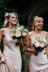 Weitese A Line Spaghetti Straps Light Champagne Long Bridesmaid Dress