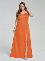 Split plus size soft satin and floor length bridesmaid dress
