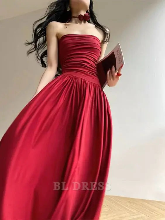 A Line Strapless Sleeveless Red Long formal dresses Bridesmaid Dresses evening gown Prom Dress