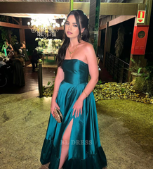 A-line Strapless Green Satin formal dresses Bridesmaid Dresses evening gown Prom Dress With Split