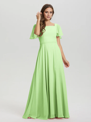 A-line square collar ruffled short sleeved and ground chiffon/ground length bridesmaid dress