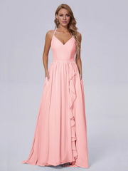 Elegant shoulder strap chiffon and floor length bridesmaid dress
