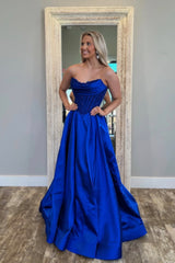 A-Line Strapless Royal Blue Satin Long Prom Dresses