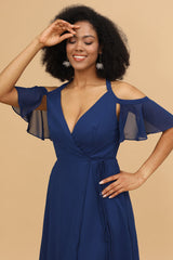 A-line Navy Chiffon Long Bridesmaid Dress