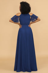 A-line Navy Chiffon Long Bridesmaid Dress