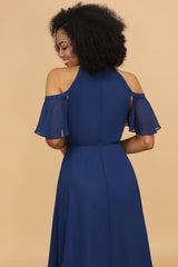 A-line Navy Chiffon Long Bridesmaid Dress