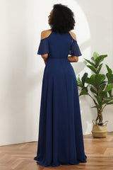 A-line Navy Chiffon Long Bridesmaid Dress