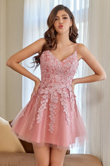 A Line Spaghetti Straps Blush Short Homecoming Dress with Appliques