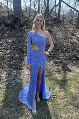 Mermaid One Shoulder Long Sleeve Lavender Sequins Long Prom Dresses