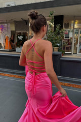 V Neck Hot Pink Satin Slit Mermaid Prom Dresses