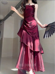 A-line Spaghetti Straps Wine Red Satin formal dresses Bridesmaid Dresses evening gown Prom Dress