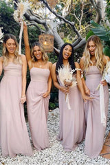 Weitese Simple A Line Spaghetti Straps Pink Long Bridesmaid Dress