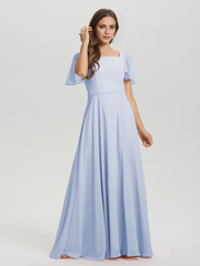 A-line square collar ruffled short sleeved and ground chiffon/ground length bridesmaid dress