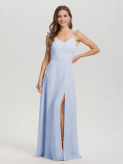 V-neck shoulder strap tied chiffon slit and floor length bridesmaid dress