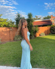 Mermaid Spaghetti Straps Backless Blue Sequin formal dresses Bridesmaid Dresses evening gown Prom Dress