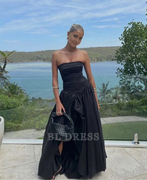 Sheath Strapless Satin Slit Black Sexy Long formal dresses Bridesmaid Dresses evening gown Prom Dress