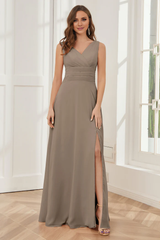 V-neck sleeveless chiffon side slit and floor length bridesmaid dress