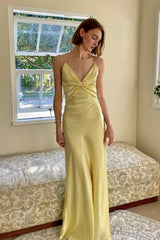 Sheath Spaghetti Straps Yellow Long Party Dresses