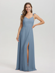 V-neck shoulder strap tied chiffon slit and floor length bridesmaid dress