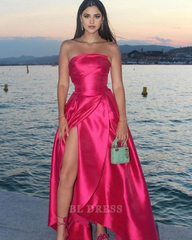 A line Strapless Hot Pink Slit Satin formal dresses Bridesmaid Dresses evening gown Prom Dress