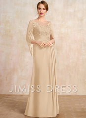 Jimiss A-shaped Scoop Illusion floor lace chiffon with sequins and pleats, mother of the bride dress