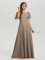 A-line square collar ruffled short sleeved and ground chiffon/ground length bridesmaid dress