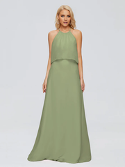 Post neck chiffon and floor length bridesmaid dress