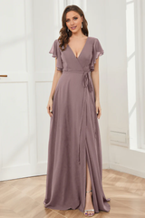 V-neck ruffled sleeve chiffon slit and floor length bridesmaid dress
