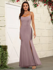 Cross back chiffon thin shoulder strap and floor length bridesmaid dress