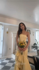 Mermaid Strapless Yellow Ruffle Long formal dresses Bridesmaid Dresses evening gown Prom Dress