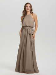 Hanging neck low round neck sleeveless chiffon and floor length Bridesmaid dresses