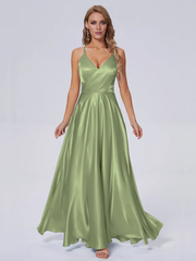 Elegant shoulder strap soft satin and floor length bridesmaid dress