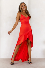 Jimiss V-neck slim shoulder strap with ruffle edge design Prom dress