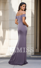 Women's slit shoulder fish tail ball dress V-neck satin evening gown